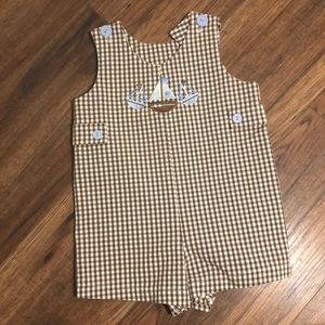 Brown Gingham Boy Sailboat Romper